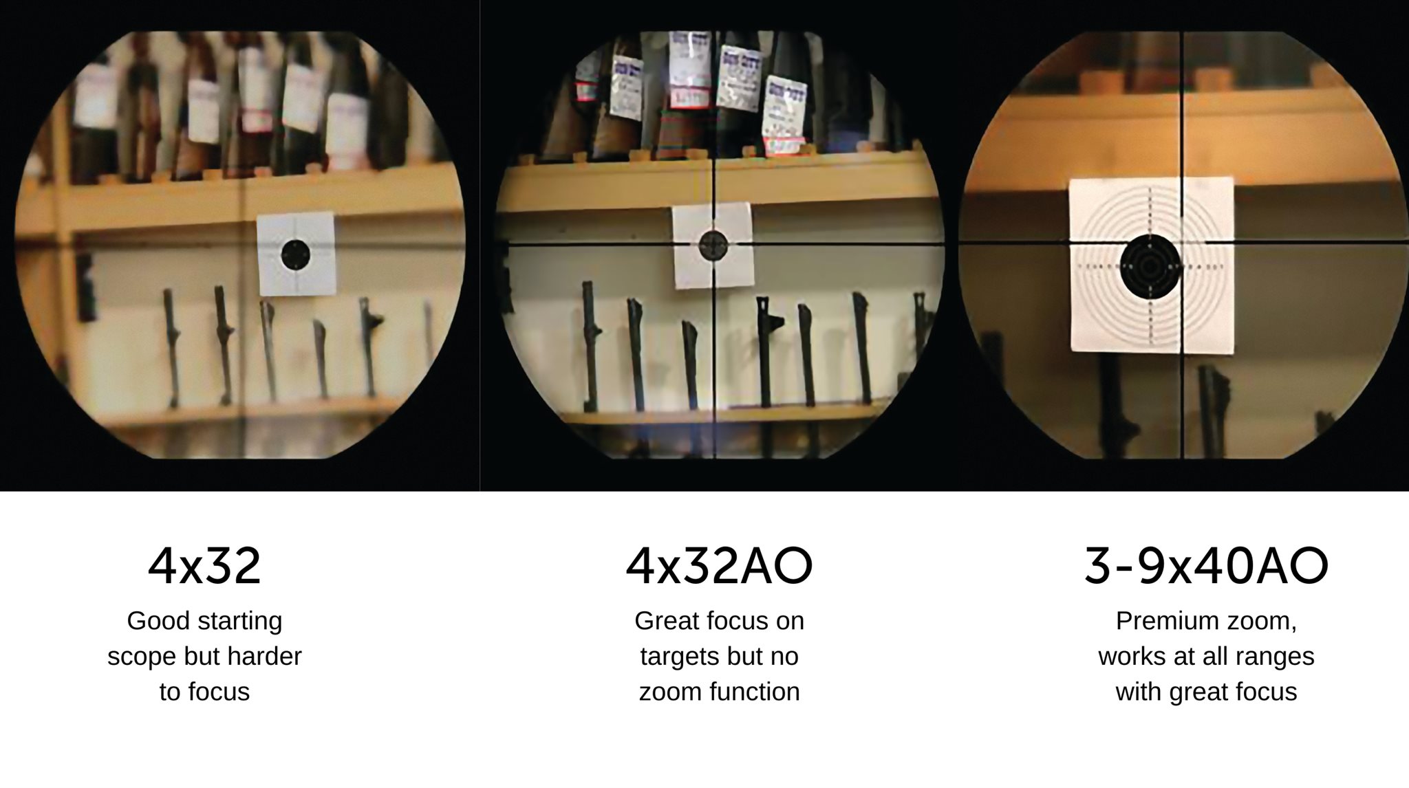 Comparison of target viewed through different scope magnification levels 4x 9x 12x