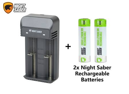 Buy Night Saber G2 2-Cell Portable Battery Charger + 2x Night Saber Rechargeable 18650 Batteries in NZ.