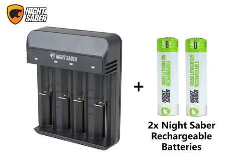 Buy Night Saber G4 4-Cell Portable Battery Charger + 2x Night Saber Rechargeable 18650 Batteries in NZ. 